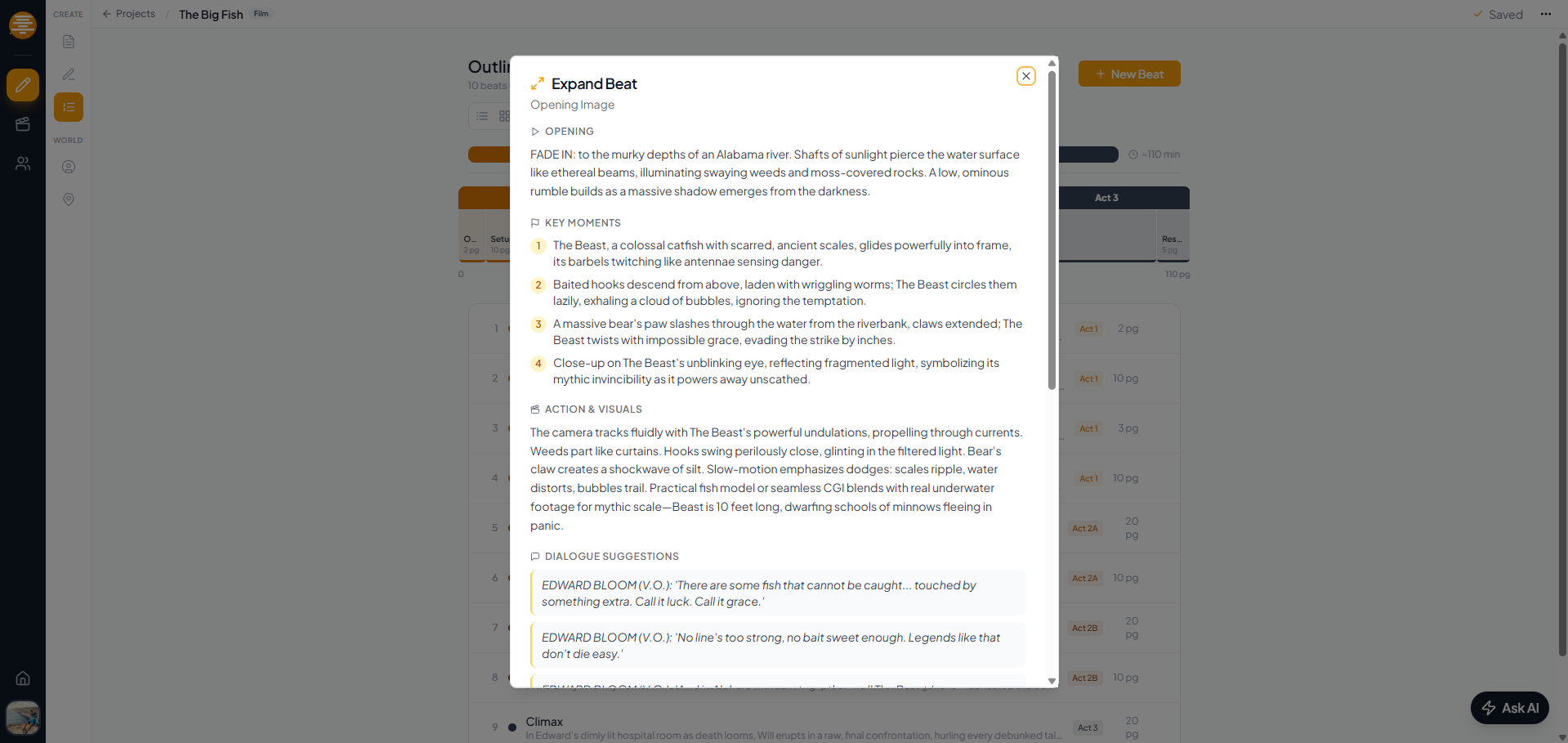 Beat card expanded showing full description and act assignment in plotwell
