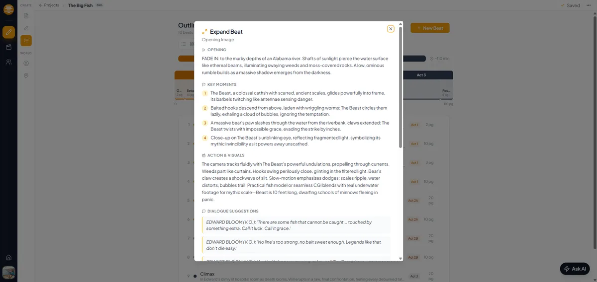 Beat card expanded showing full description and act assignment in plotwell