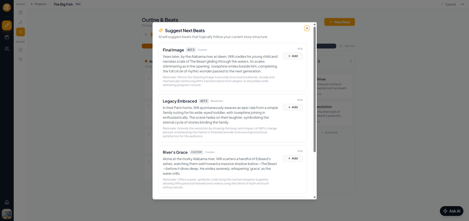 AI suggesting next beats for your story structure in plotwell