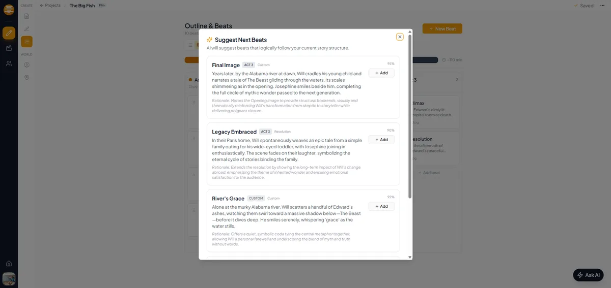 AI suggesting next beats for your story structure in plotwell