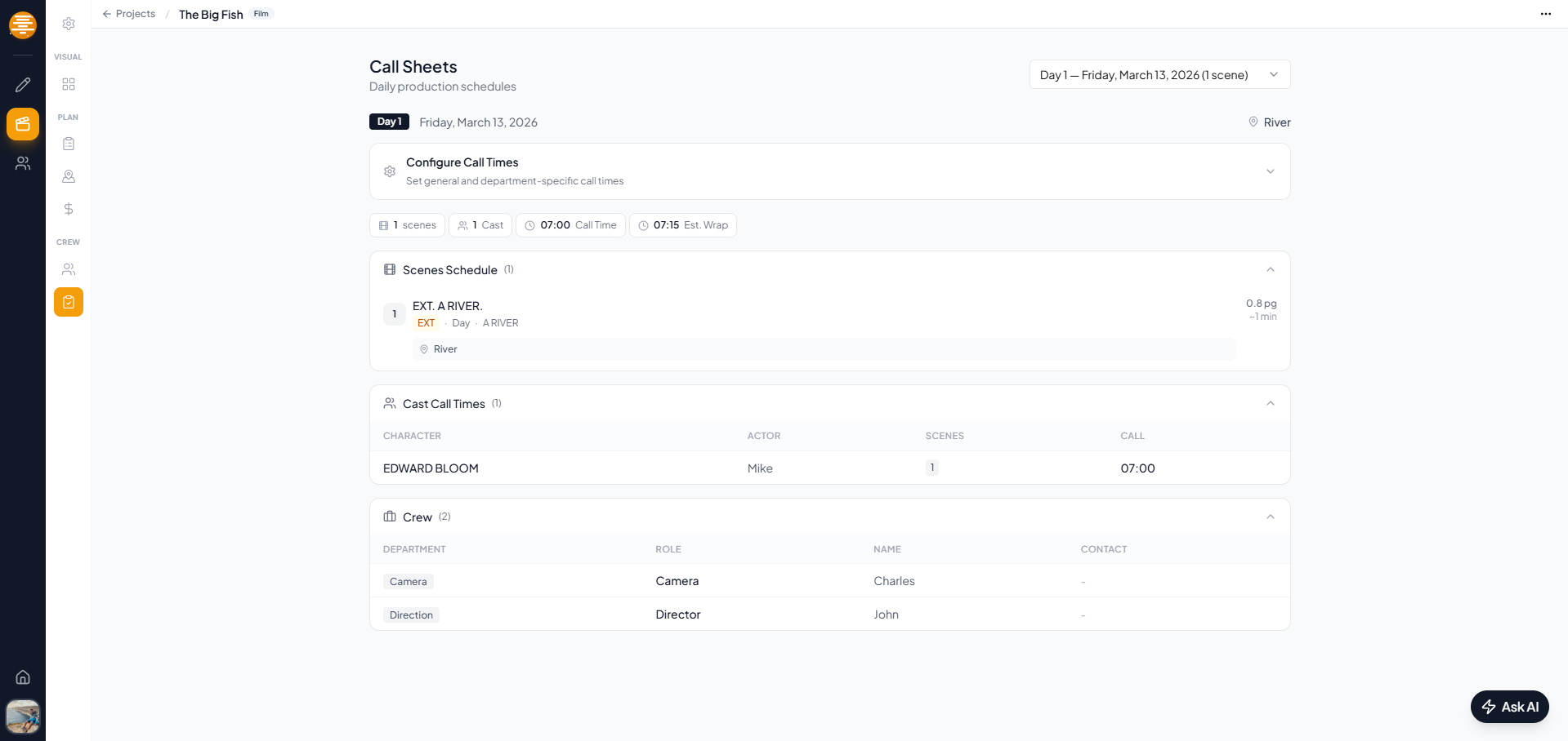 Call sheet with scene list, cast call times, and location info in plotwell