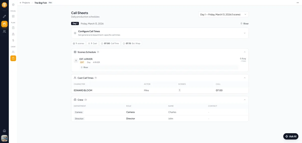 Call sheet with scene list, cast call times, and location info in plotwell