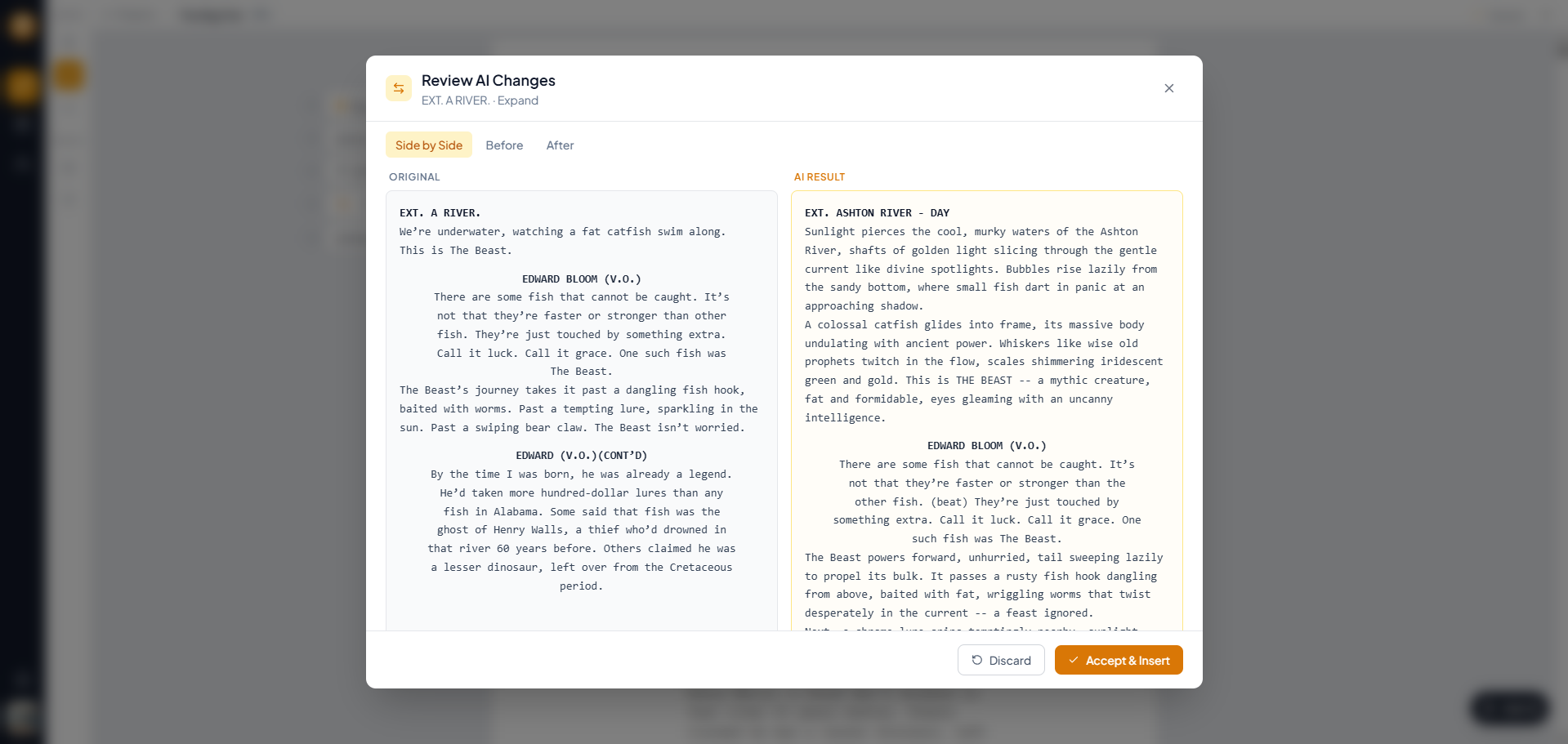 AI scene expansion review in plotwell's script editor