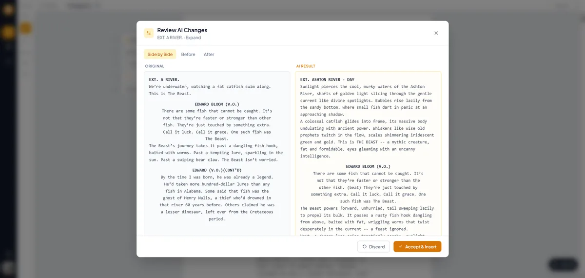 AI scene expansion review in plotwell's script editor