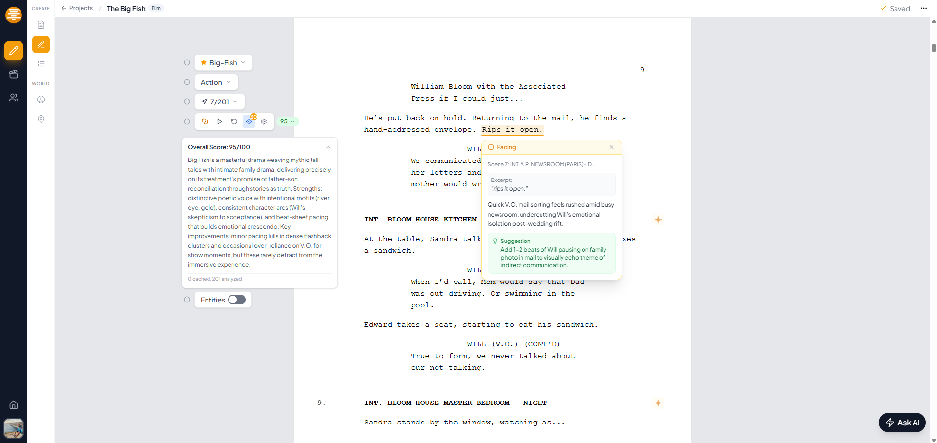 Editor de guion con sugerencias de Script Doctor IA y comentarios en linea en plotwell
