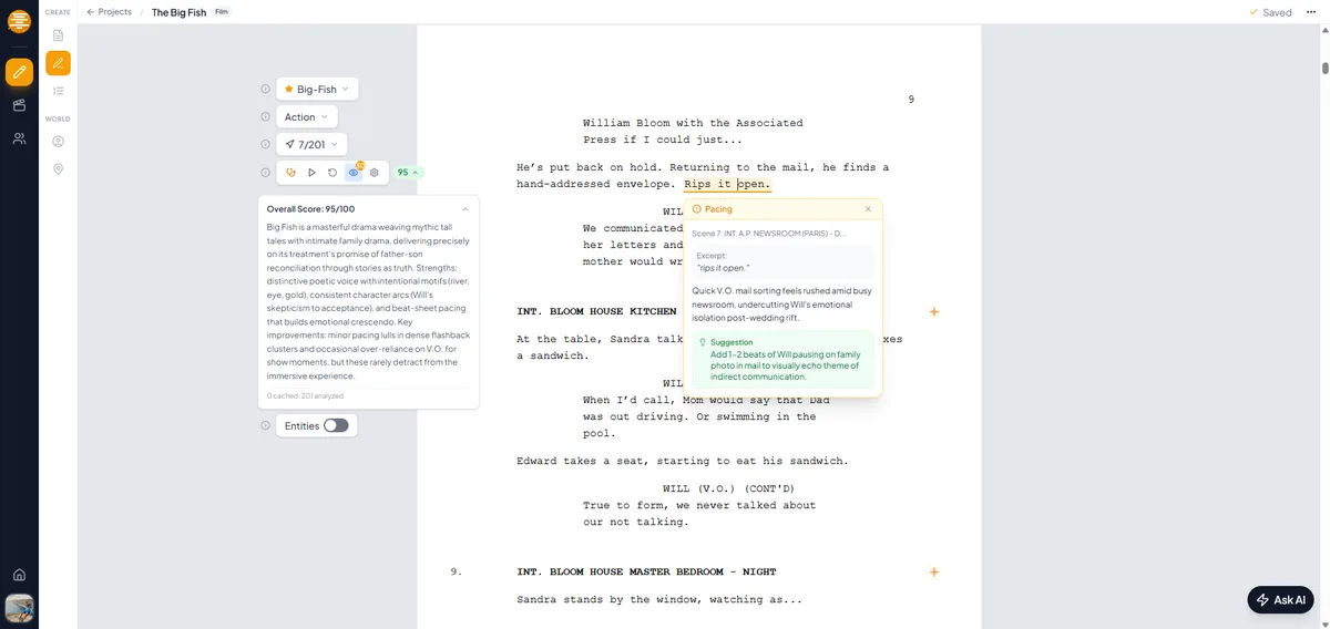 Editor de guion con sugerencias de Script Doctor IA y comentarios en linea en plotwell