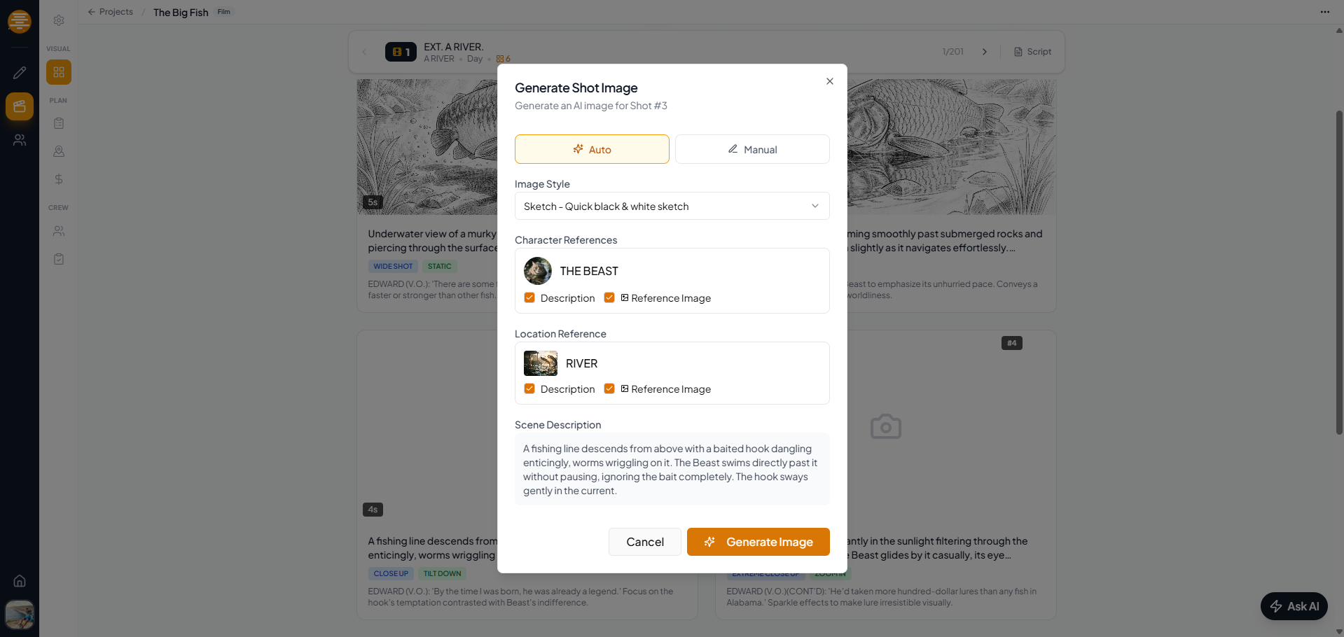 AI-generated storyboard image with shot metadata in plotwell