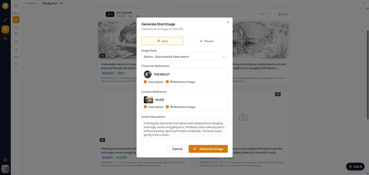 AI-generated storyboard image with shot metadata in plotwell