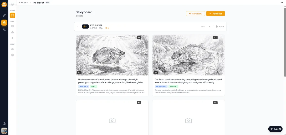 Vista de storyboard con paneles generados por IA y metadatos de toma en plotwell