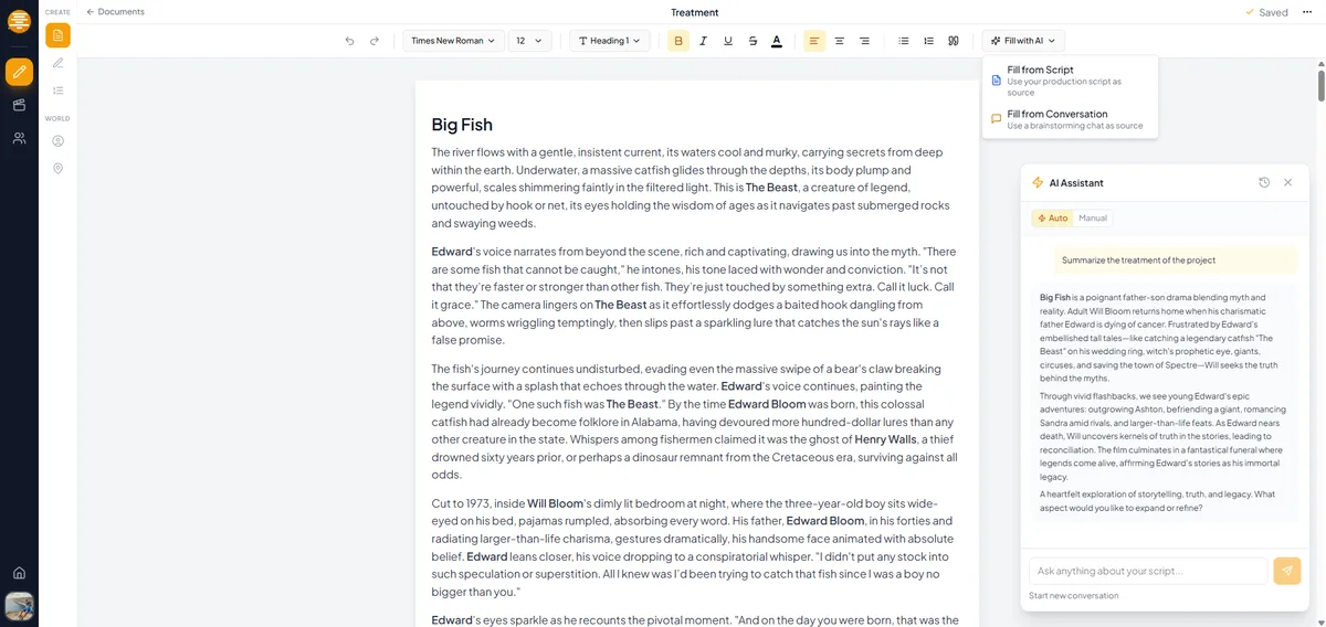 Documento de tratamiento de personaje con trasfondo, rasgos de personalidad y arco en plotwell